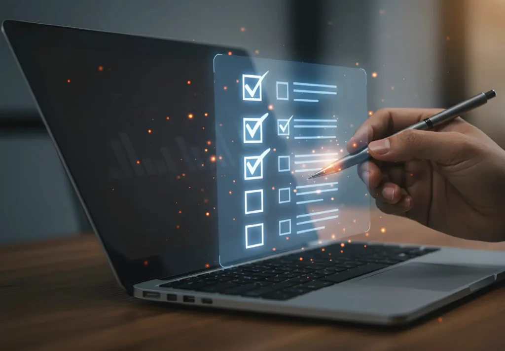 The visual highlights concepts such as digital transformation, automated processes, efficient task management, and advanced user interfaces. It conveys a sense of innovation and streamlined work supported by intelligent technology.