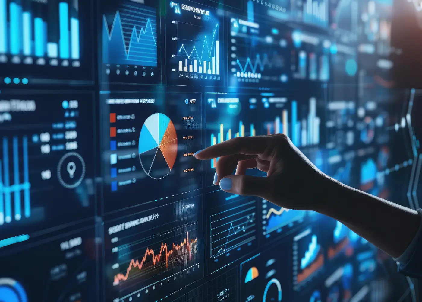 Eine Wand an schwebenden Grafiken mit einer Nahaufnahme einer Hand davor, die kurz davor ist, auf ein Kuchendiagramm zu tippen.