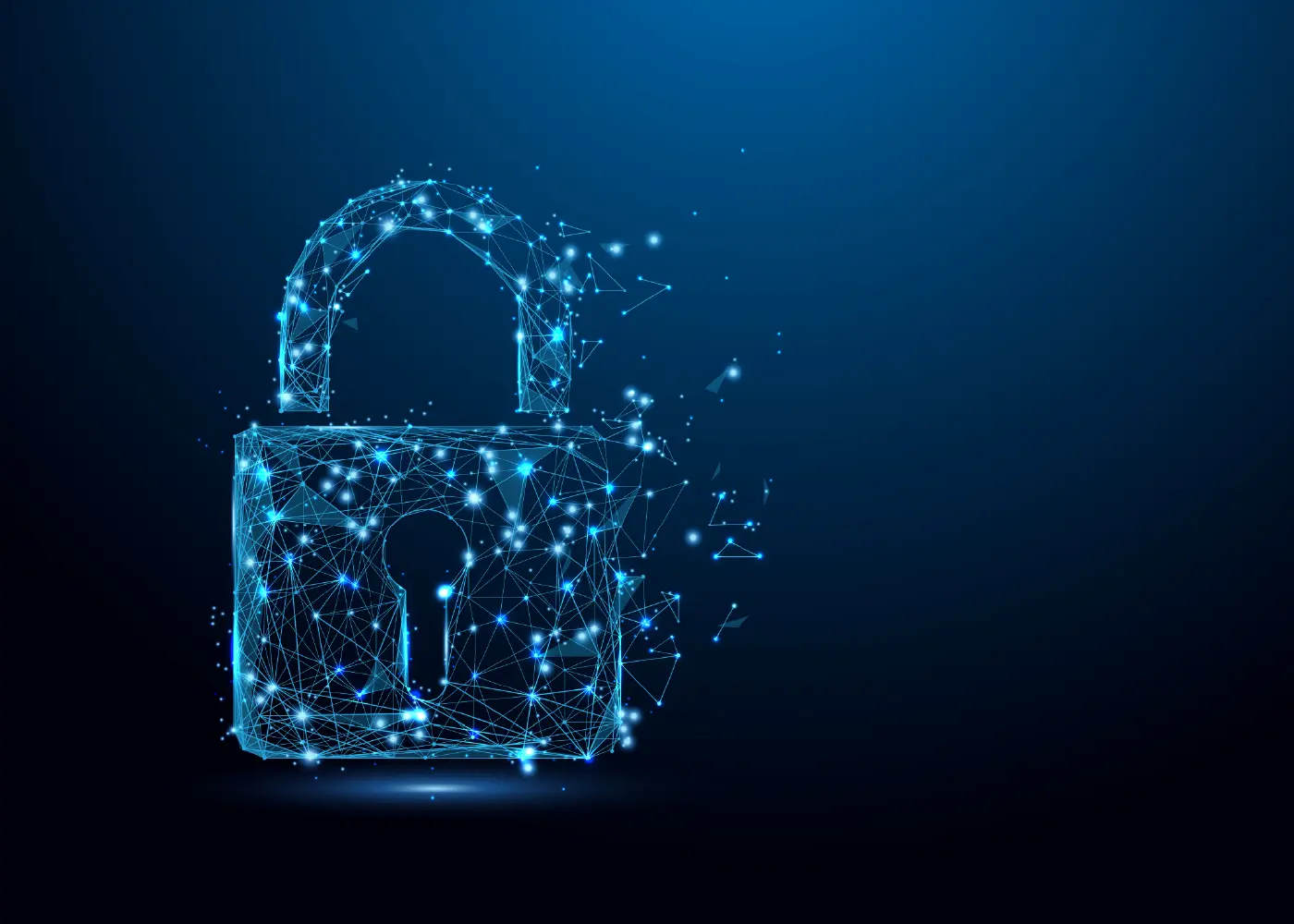 Digitales Vorhängeschloss aus leuchtenden Linien und Punkten auf blauem Hintergrund.