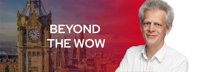 Theodor Hartmann in front of the Edinburgh skyline with the text "Beyond the WOW," highlighting his EuroSTAR keynote presentation.