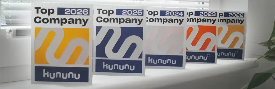 Graphic displaying Objentis' Kununu Top Company awards, recognizing the company as a top employer for multiple consecutive years.