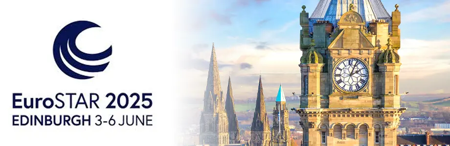 Edinburgh skyline with the EuroSTAR Conference logo, highlighting Objentis' participation and the presentation of the Drvless automation platform.