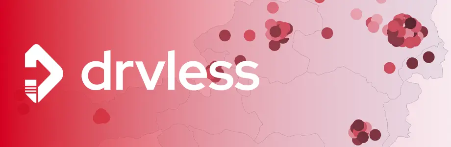 Map of Austria with dots marking AI products and projects across the country, topped by the Drvless logo and titled "VÖSI Landkarte."