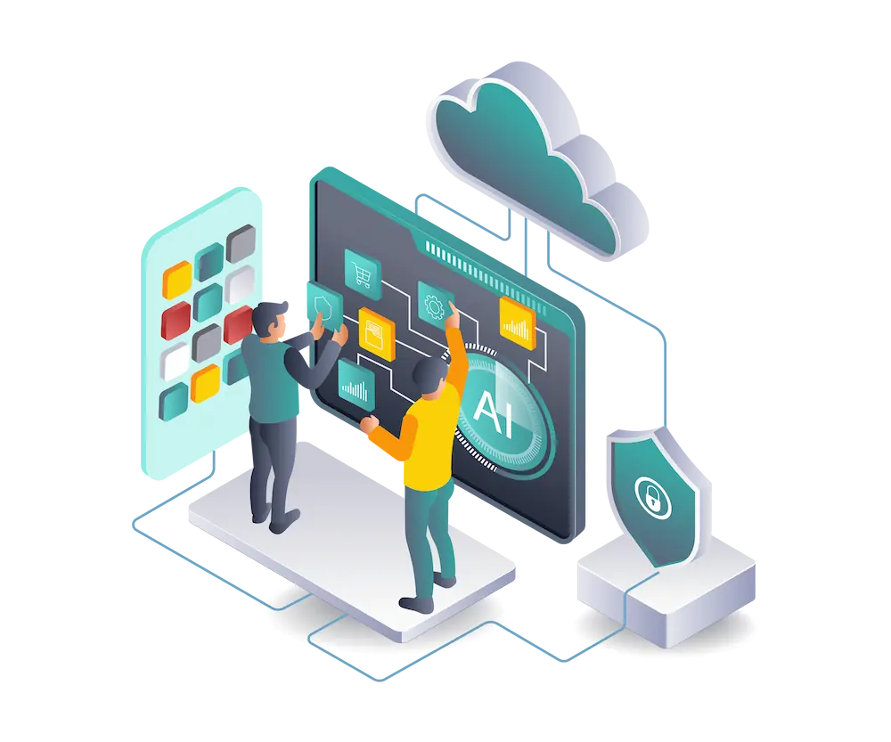 Two software testers use an AI-powered testing dashboard with cloud integration and security protection.