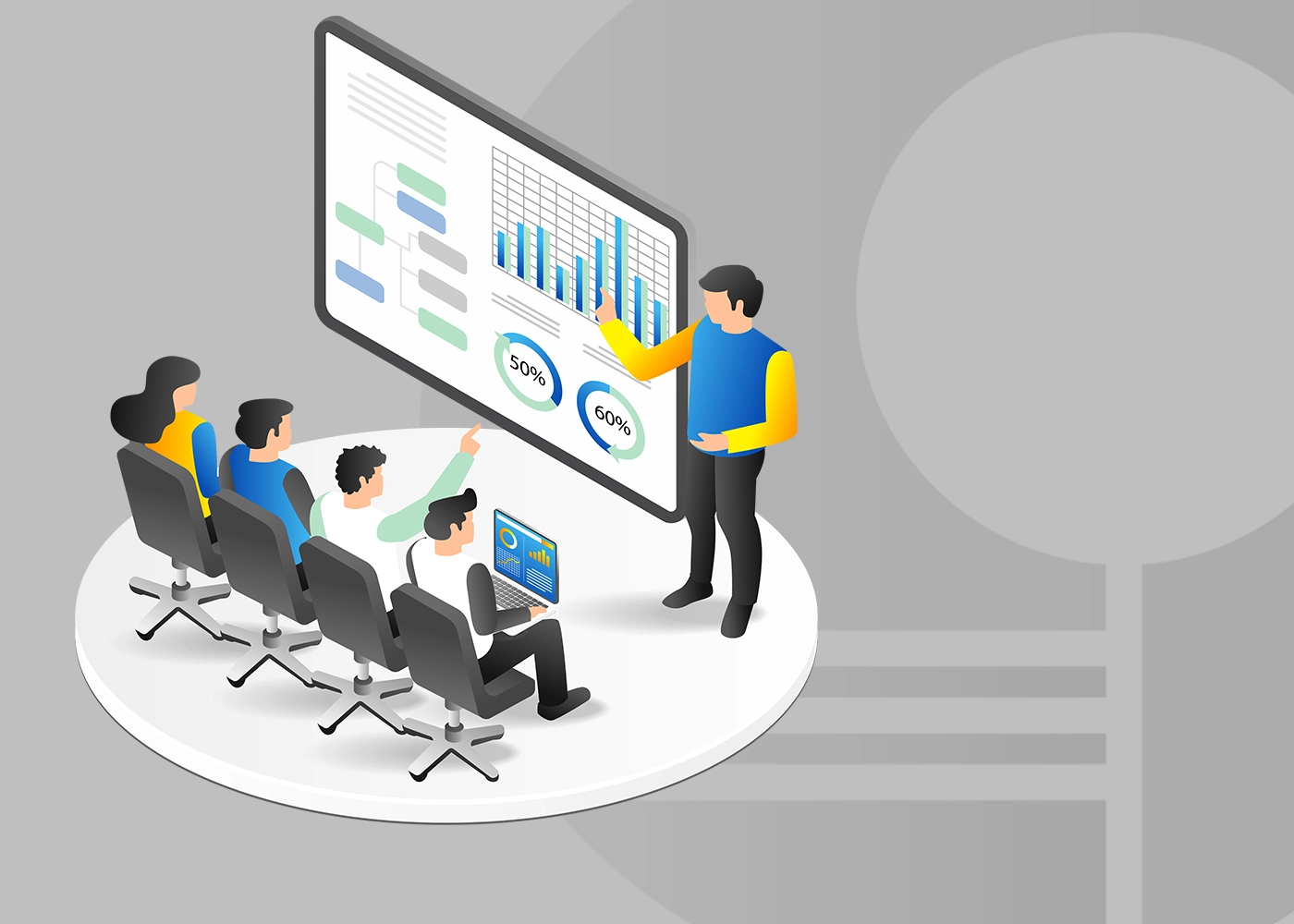 Illustration of an expert presenting charts and a workflow diagram to four colleagues, representing AI expertise and knowledge sharing.