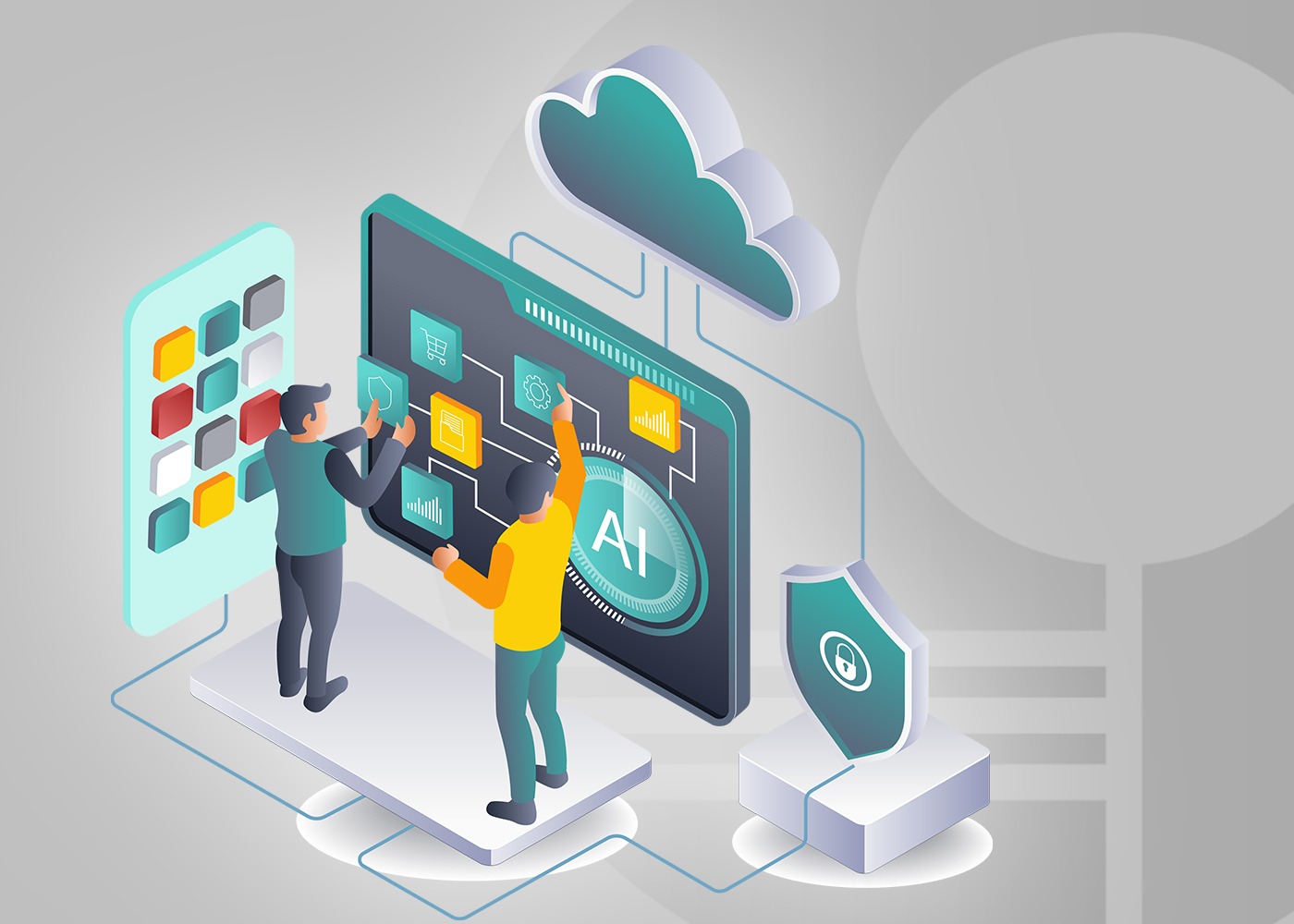 Two people working on an AI workflow display connected to a cloud, an application panel and a security shield.
