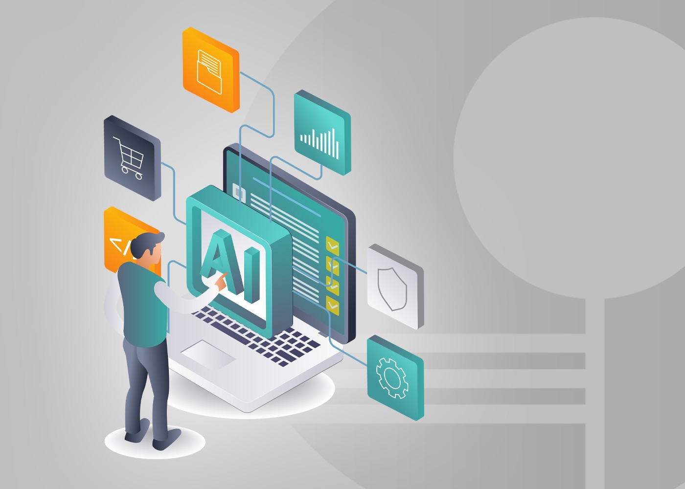 Person interacting with an AI panel on a laptop, surrounded by connected icons for analytics, security, settings and documents. AI Testing KI-Testing