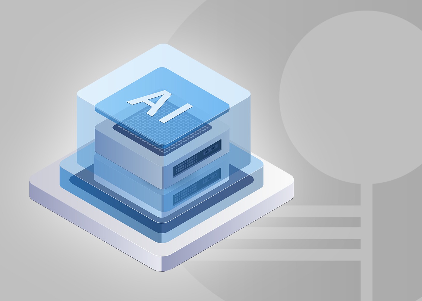 Isometric illustration of stacked computing modules beneath a translucent blue panel labelled “AI.”