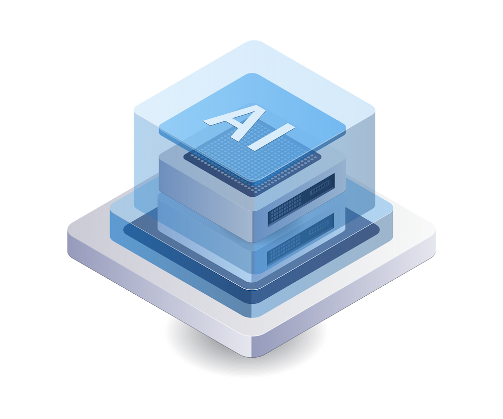 Stylized blue AI chip labeled “AI,” surrounded by transparent layers.