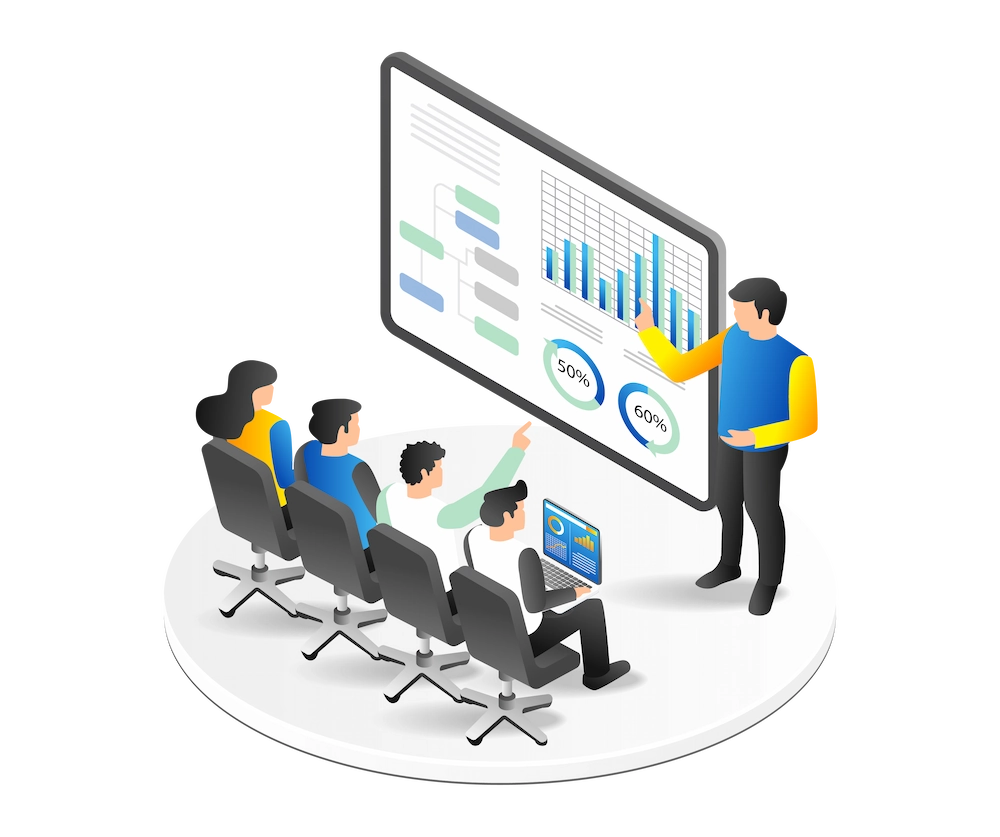Illustration of a presenter explaining charts and a workflow diagram to four colleagues, representing knowledge sharing and AI expertise at Objentis.